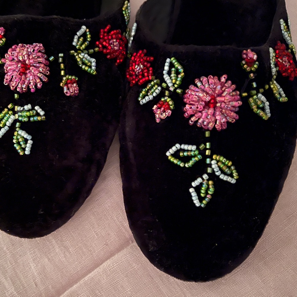 Vintage Black Velvet Glass Beaded Slipper Mules Slides Shoes Beads 8.5 - 9